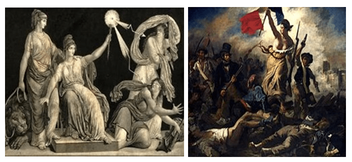 1a Foto: A Liberdade, com o cetro da Razão, lança raios sobre a ignorância e o Fanatismo / 2a Foto: Eugène Delacroix - A Liberdade guiando o povo