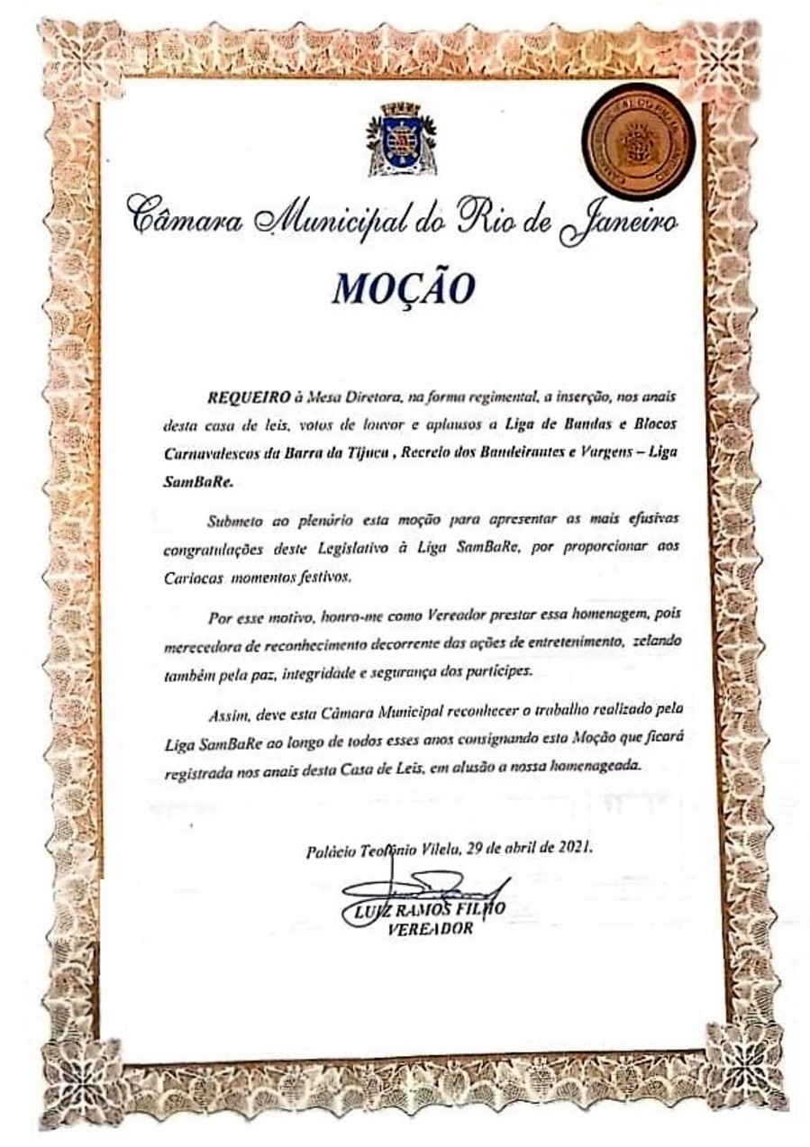 Liga proporciona o desenvolvimento cultural e a economia local, fomentando e fortalecendo a economia criativa na zona oeste carioca - Moção Aplausos SamBaRe - Foto / Divulgação 