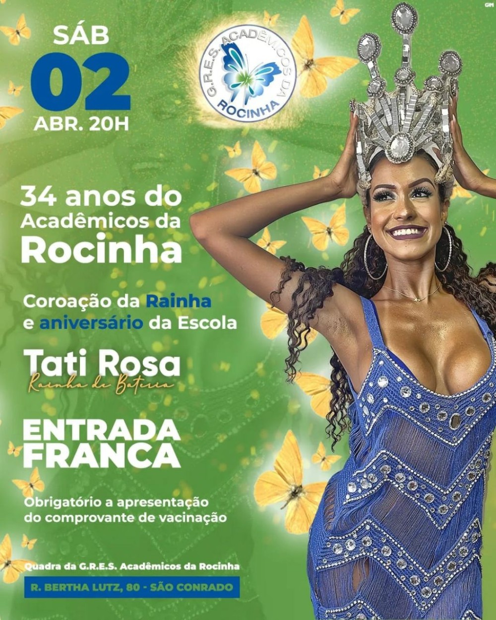 Comemorando seus 34 anos, a Princesinha da Zona Sul irá coroar Tati Rosa à frente da bateria 