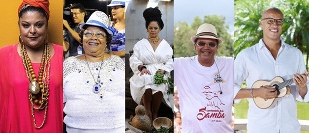 Fabiana Cozza, Tia Surica, Fabiola do grupo Awurê, Marquinhos de Oswaldo Cruz e André Lara - Fotos: Divulgação 