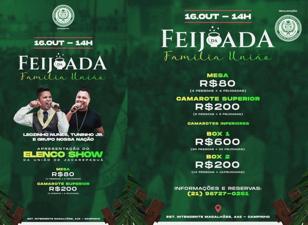 A tradicional feijoada da Família União acontecerá no próximo dia 16